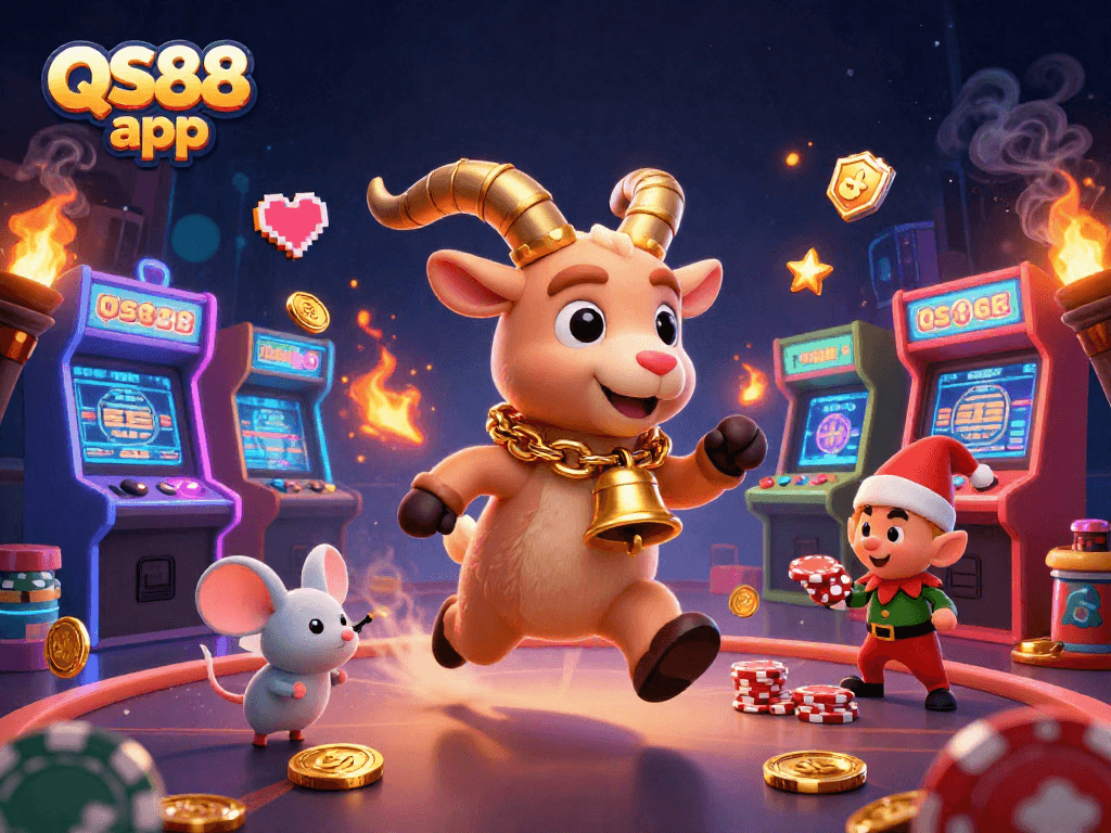 The QS88 app showcases a lively casino scene with cartoon characters in a dynamic setup, featuring playful elements and a festive atmosphere.