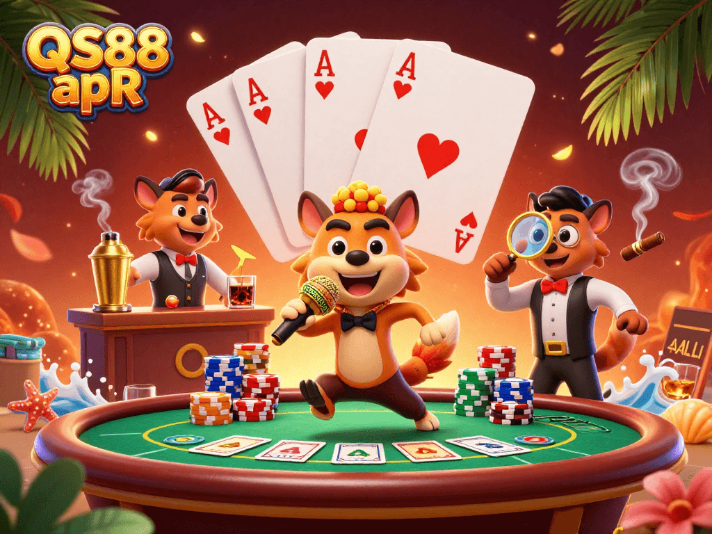 Engage with QS88 apR at a vibrant comedy casino scene, featuring quirky hyenas and fun gameplay elements.