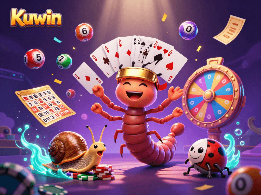Kuwin showcases excitement with a dynamic scene of a millipede dealer and snail high-roller amidst colorful gambling elements.