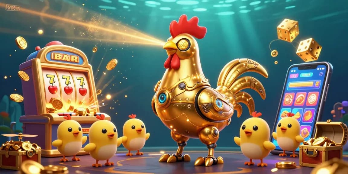 Engage with 789bet's vibrant gaming scene featuring a golden rooster robot and baby chick drones amidst a slot machine jackpot explosion.