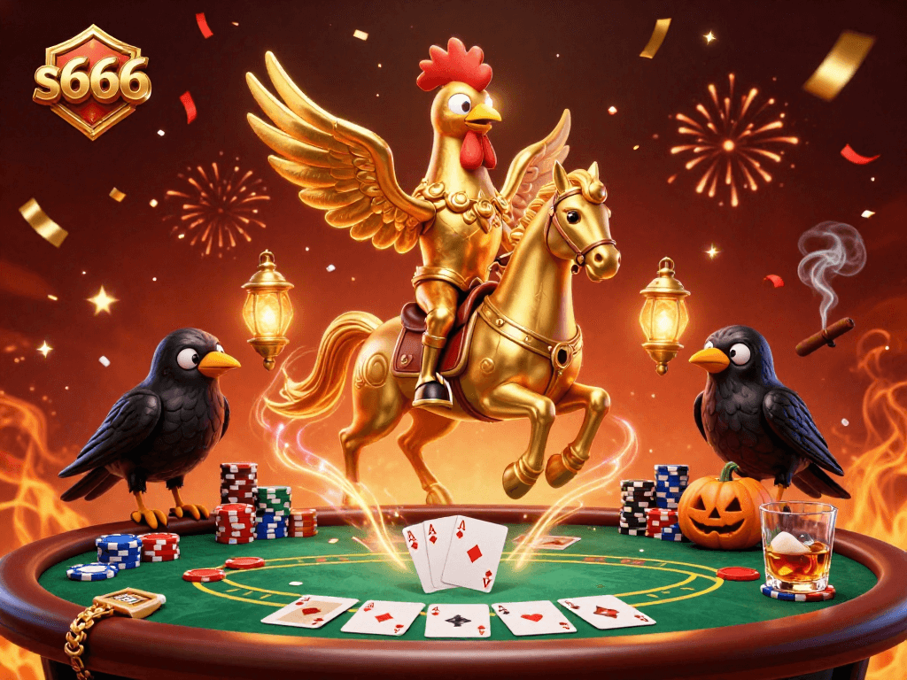 Experience dynamic gameplay at s666 in a vibrant midnight casino with golden rooster and crow companions.