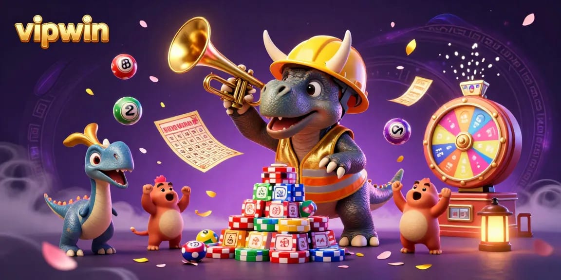 Engaging scene showing vipwin characters building poker chip pyramids with vibrant gambling elements.