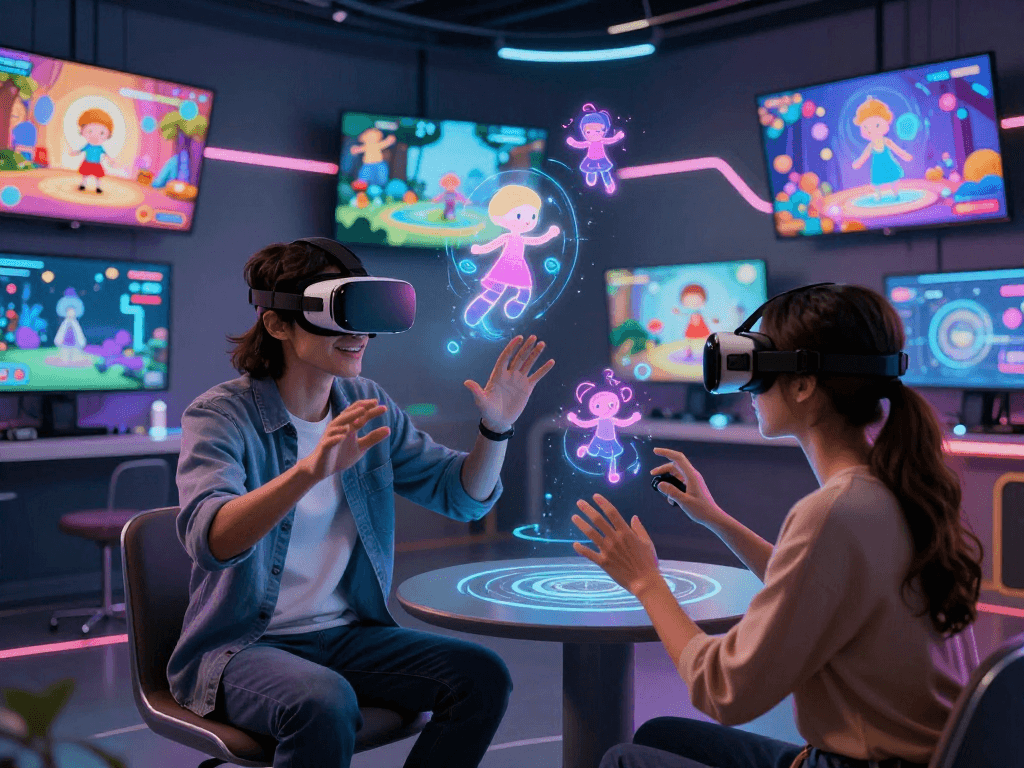 Immersive AI roleplay scene with individuals using VR gear in a high-tech environment, showcasing digital interaction.