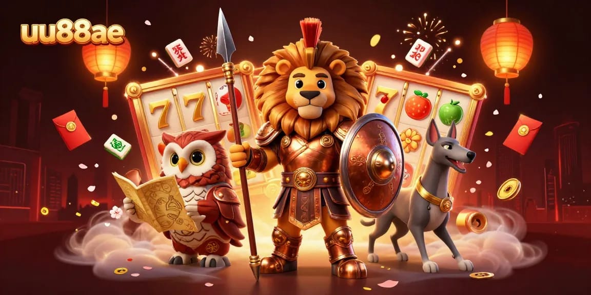 Engage with the thrilling world of slots at uu88ae featuring a heroic lion and vibrant gaming elements.