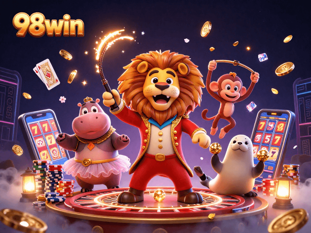 Engage with thrilling slots at 98win, featuring vibrant 3D casino characters amidst gold coins and spinning roulette.