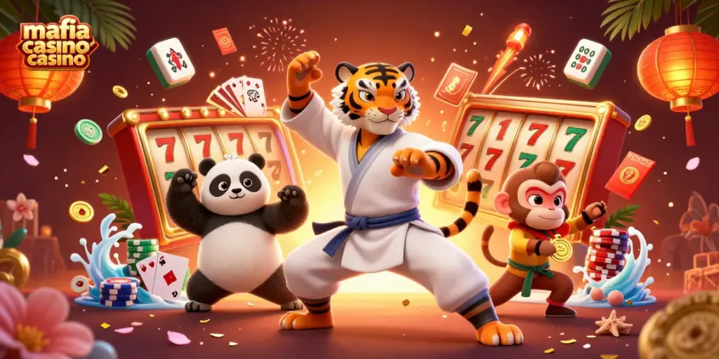 Mafia casino casino characters engaging in dynamic gambling, showcasing vibrant poker and slot elements.