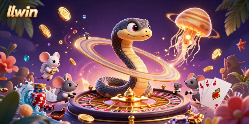 Experience the excitement of llwin with a lively 3D scene of cosmic characters around a roulette wheel.