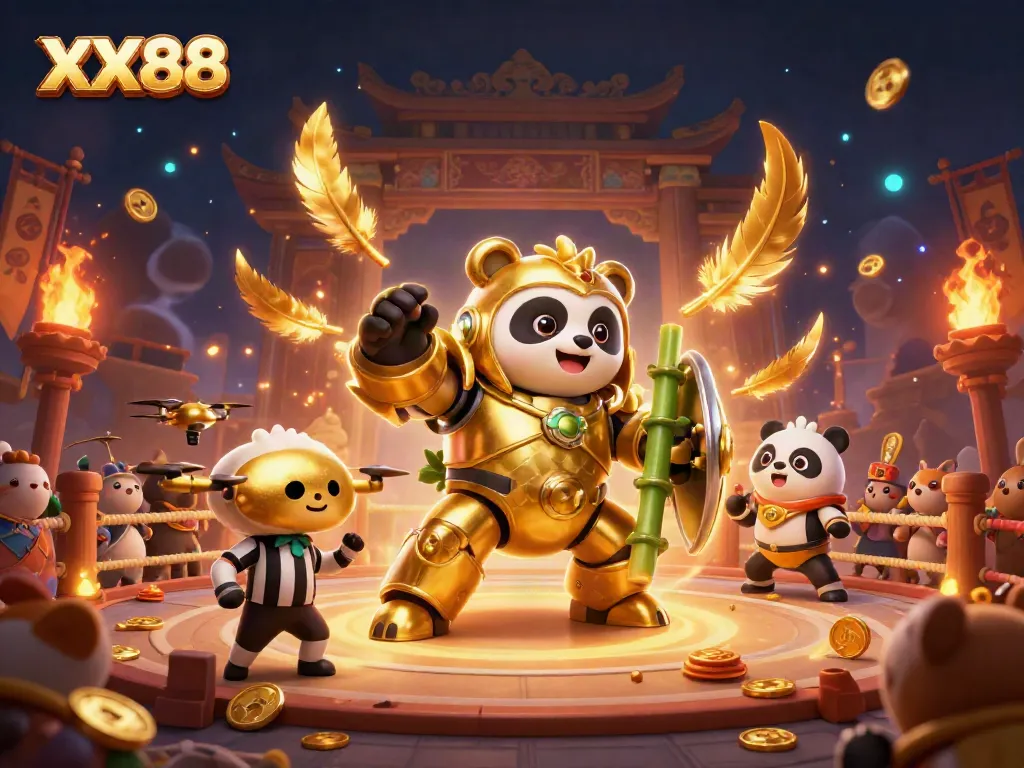 Experience thrilling gameplay at XX88 with a golden panda battling in an action-packed arena.