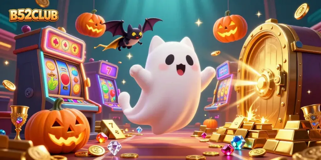 B52CLUB offers thrilling casino experiences with vibrant slot machines and ghostly characters amidst shining gold treasures.