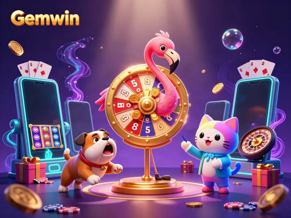 Experience the excitement at Gemwin with a game-show scene featuring a flamingo host, bulldog contestant, and vibrant casino elements.