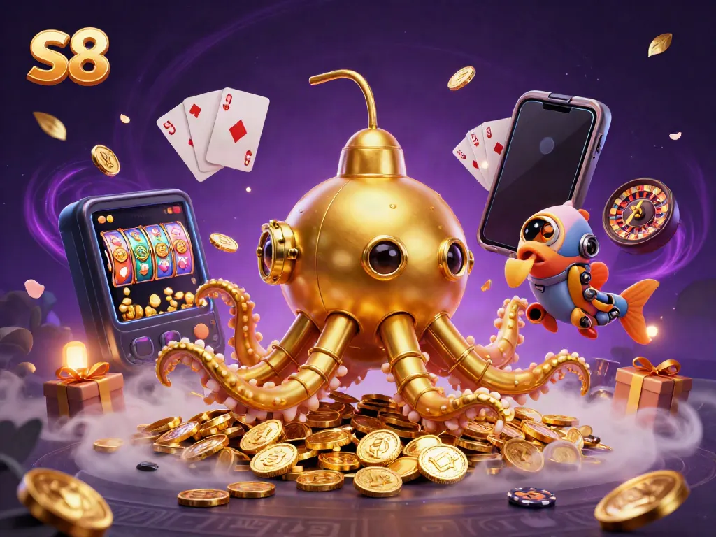 S8 offers exciting online gaming with a golden kraken submarine and colorful slot games amidst a sea of coins.