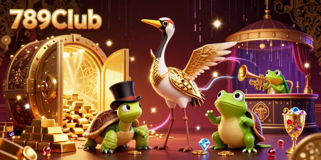Experience the thrill of 789Club with vibrant 3D characters at a speakeasy, surrounded by treasures and sparkling jewels.