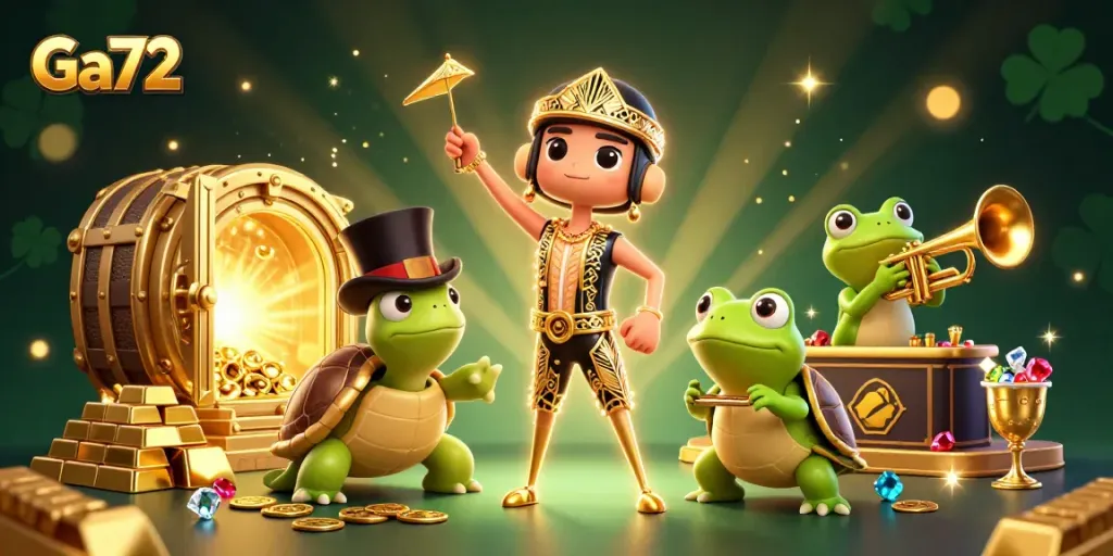 Bet on exciting GA72 fights with stunning visuals and golden treasure in playful cartoon illustration.
