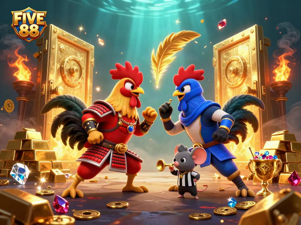 Engage with FIVE 88 in a dynamic showdown featuring 3D cartoon roosters amid gold treasures.