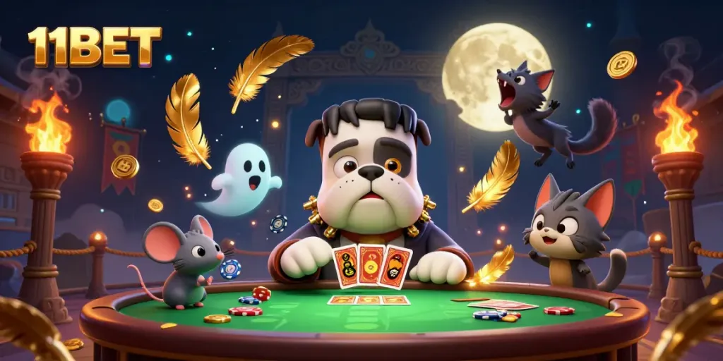 Engage in high-stakes gaming at 11BET with a lively 3D casino illustration featuring whimsical characters.