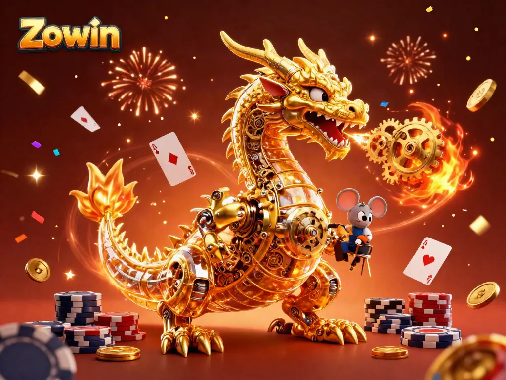 Zowin features a golden dragon and poker cards in a vibrant casino scene.