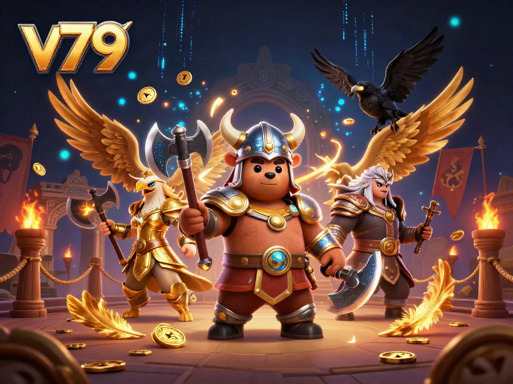 Engage with the vibrant action of v79 slot games in this dynamic scene with Viking and Valkyrie characters.