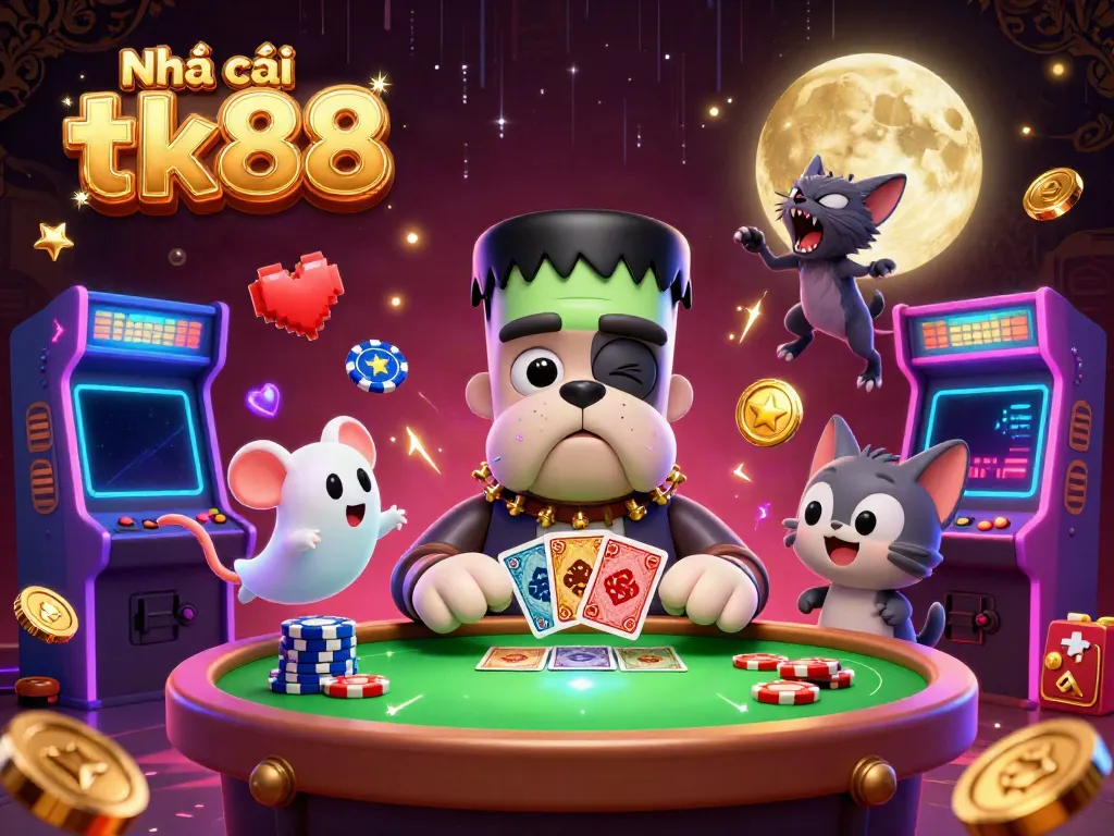 Experience thrilling card games with Nhà cái tk88 in this vibrant 3D casino scene featuring unique characters.