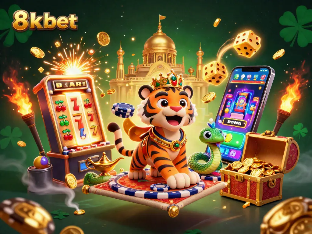 Join the action at 8xbet with a vibrant, casino-themed illustration showcasing excitement and gaming.