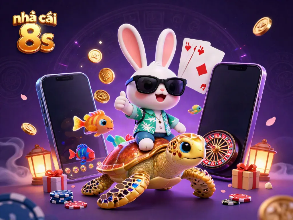 Engage with Nhà cái 8s in dynamic play, featuring cartoon rabbit and turtle in a vibrant casino scene.