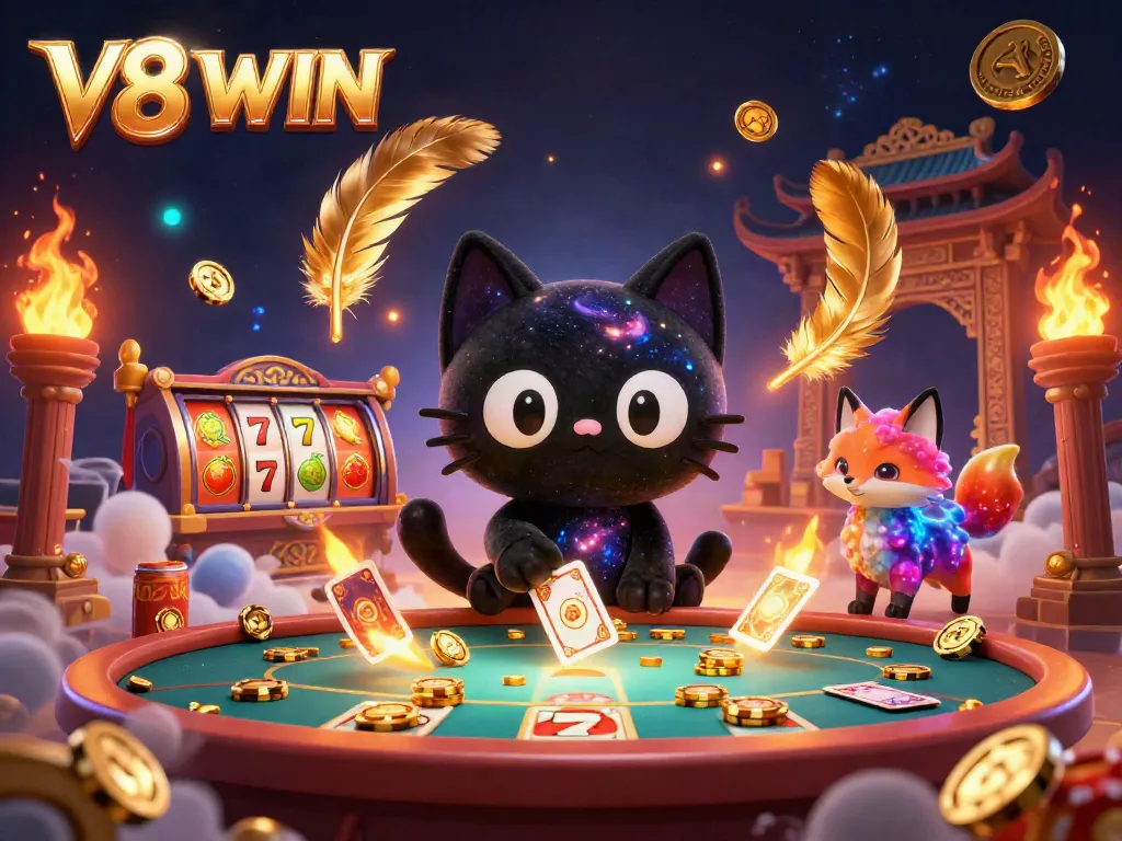 Engage with the vibrant V8 WIN cosmic casino featuring a black hole cat and nebula fox, drawing in golden chips.