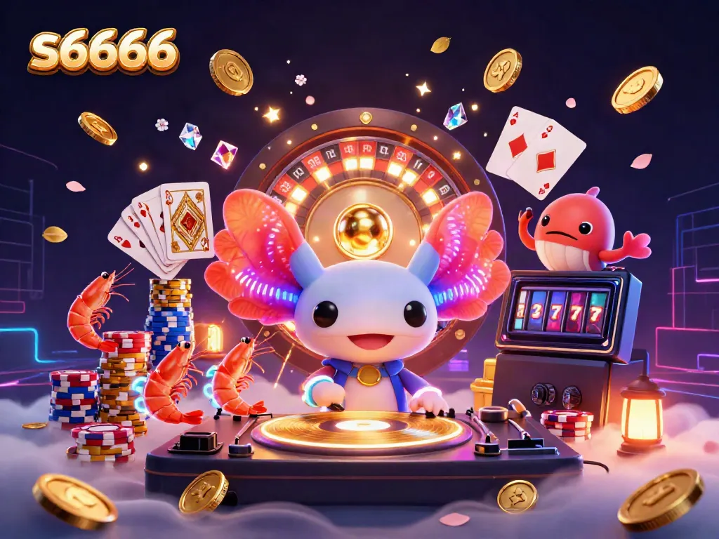 Exciting s6666 gaming scene featuring a neon axolotl DJ and vibrant casino elements.