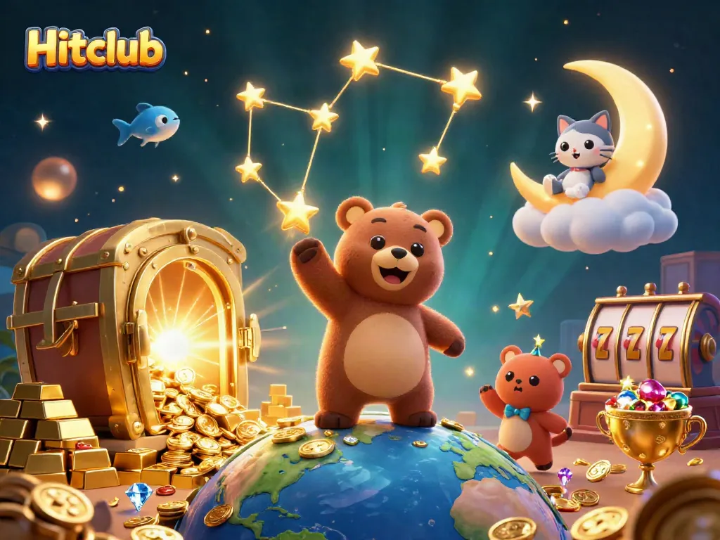 Experience the excitement of Hitclub as playful casino characters and treasures collide in this vibrant 3D illustration.
