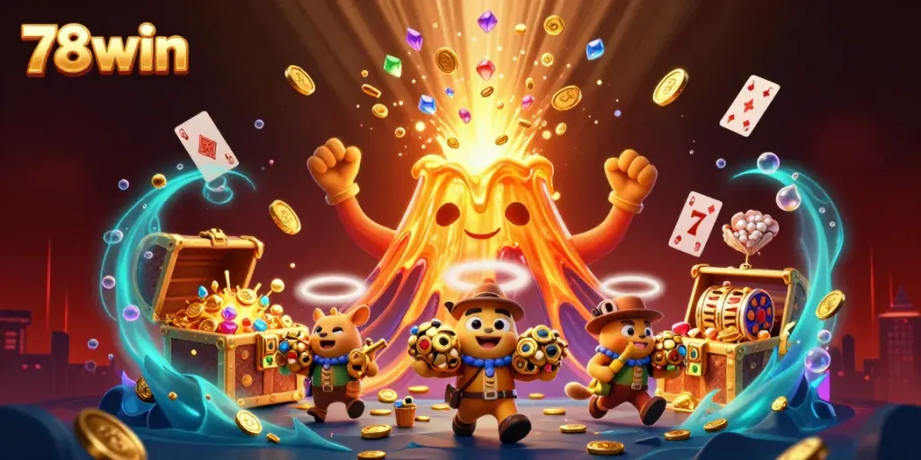 Win at 78win as the golden volcano erupts coins and treasures in a rich casino scene.