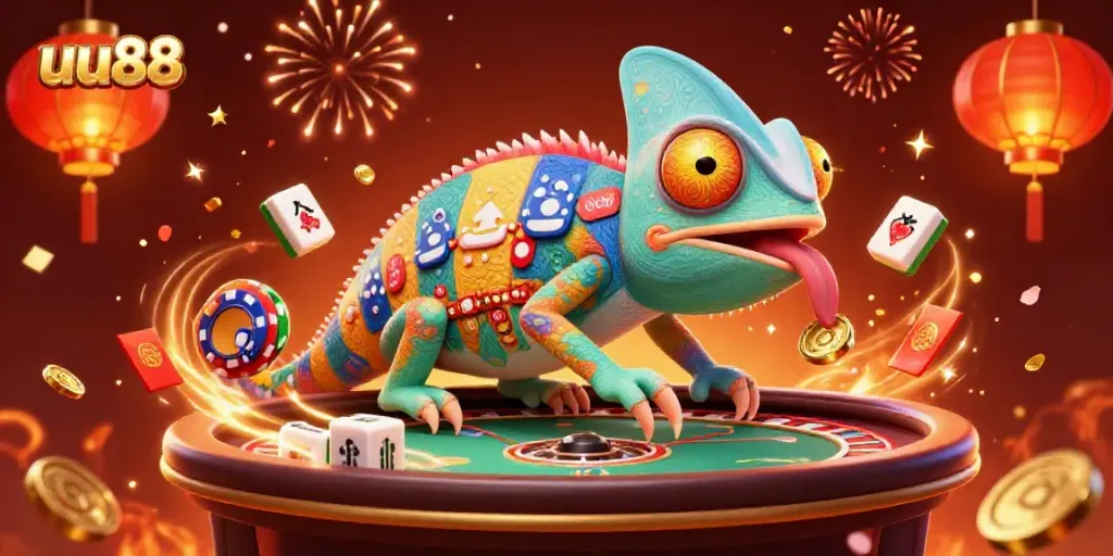 uu88 casino owner chameleon animatedly engaging with games and winning coins, surrounded by festive elements.