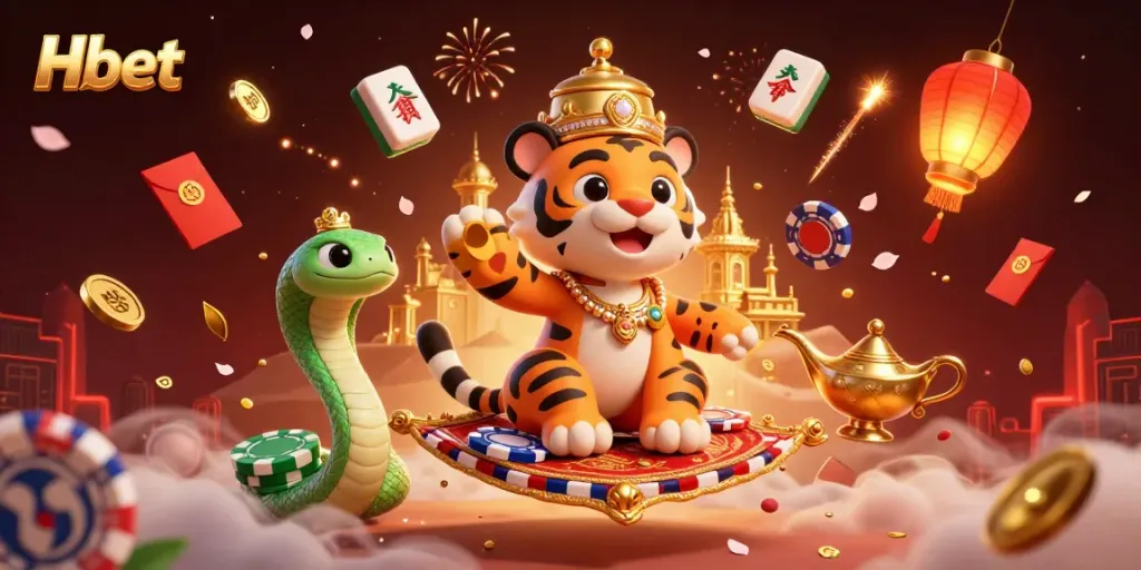 Experience the vibrant world of Hbet with a magical tiger sultan on a flying poker chip carpet.