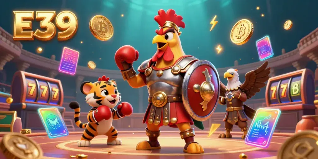 Engage with the E39 casino experience featuring a gladiator rooster in an exciting gambling scene.