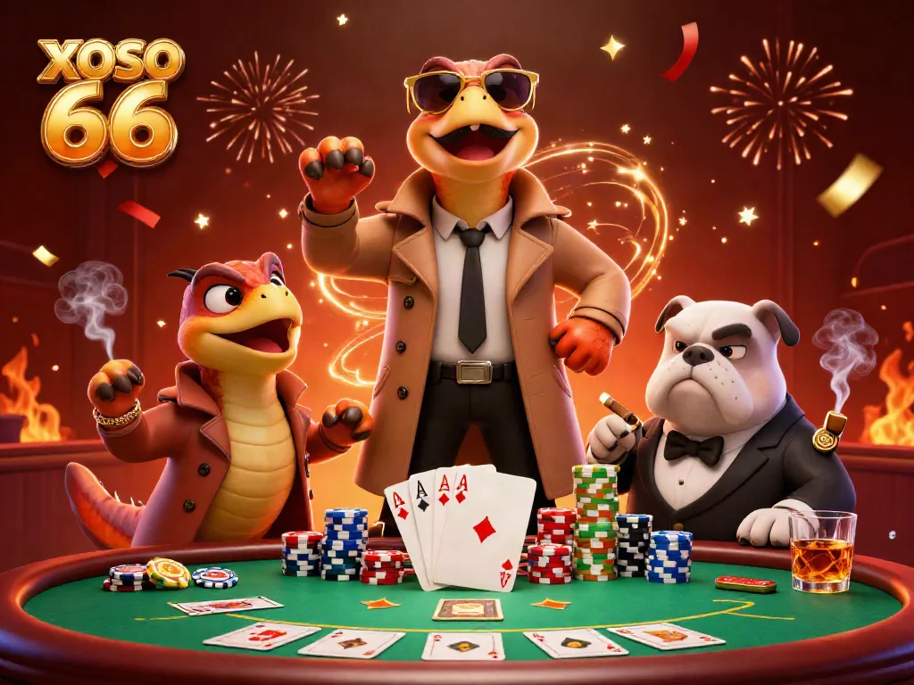 Engage with XOSO 66 in a vibrant casino scene featuring raptors and poker dynamics.