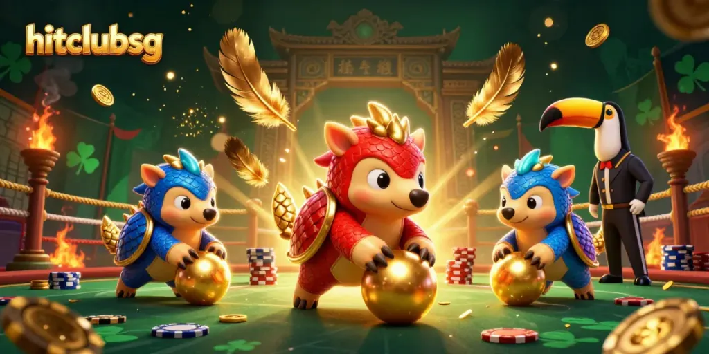 Hitclubsg pangolins compete in a vibrant casino atmosphere, showcasing dynamic action with poker chips and golden scales.