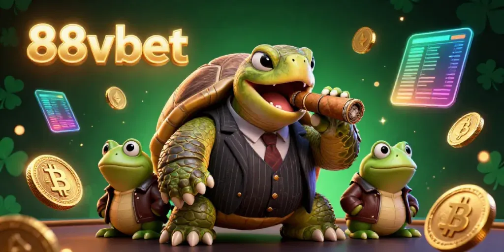 Experience thrilling gambling with 88vbet illustrated in a vibrant casino scene featuring a turtle mobster.