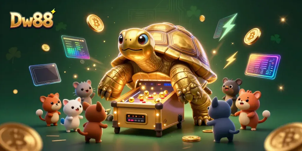 Experience thrilling gameplay at Dw88 with a colossal tortoise pinball machine surrounded by cryptocurrency elements.