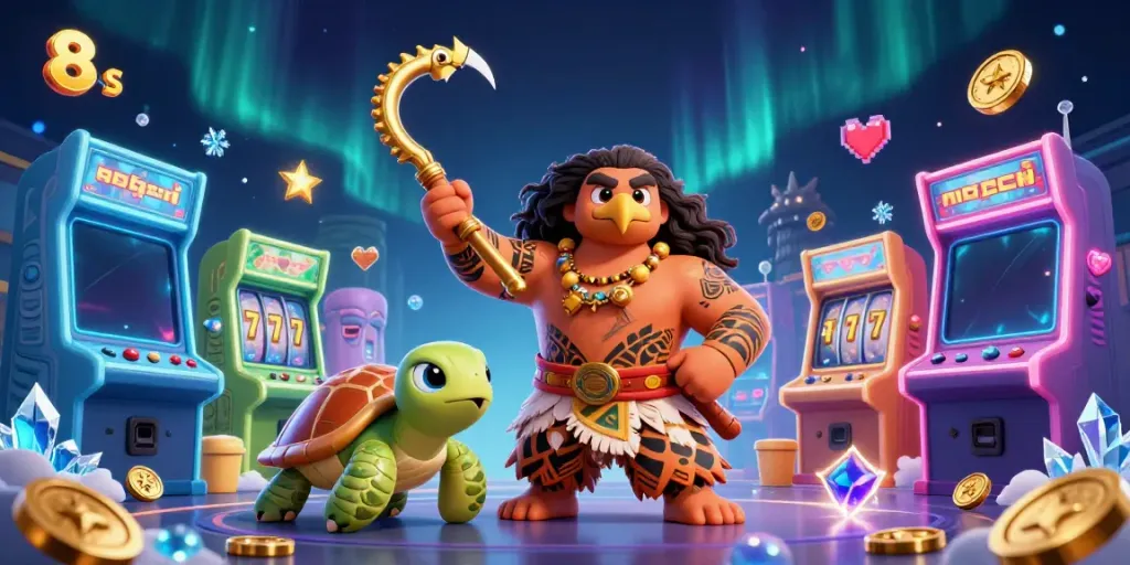 Experience the thrill of 8 S with vibrant casino elements featuring a Polynesian demigod and gaming machines.