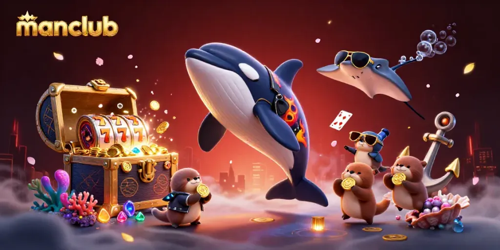 Experience thrilling gameplay at manclub with a vibrant underwater scene featuring a jumping orca, a stingray, and otters, showcasing slots and treasure.