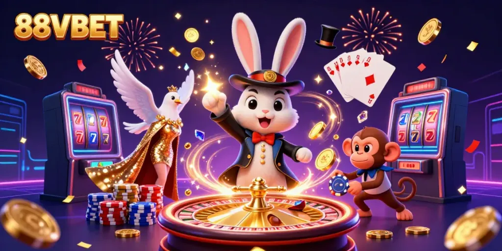 Experience the magic of 88VBET with a 3D cartoon scene showcasing a magician rabbit, vibrant gambling elements, and excitement in the air.