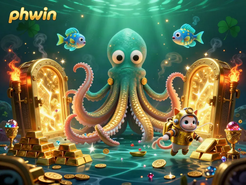 Experience thrilling gameplay at phwin with a dazzling treasure-filled ocean scene featuring a giant kraken.