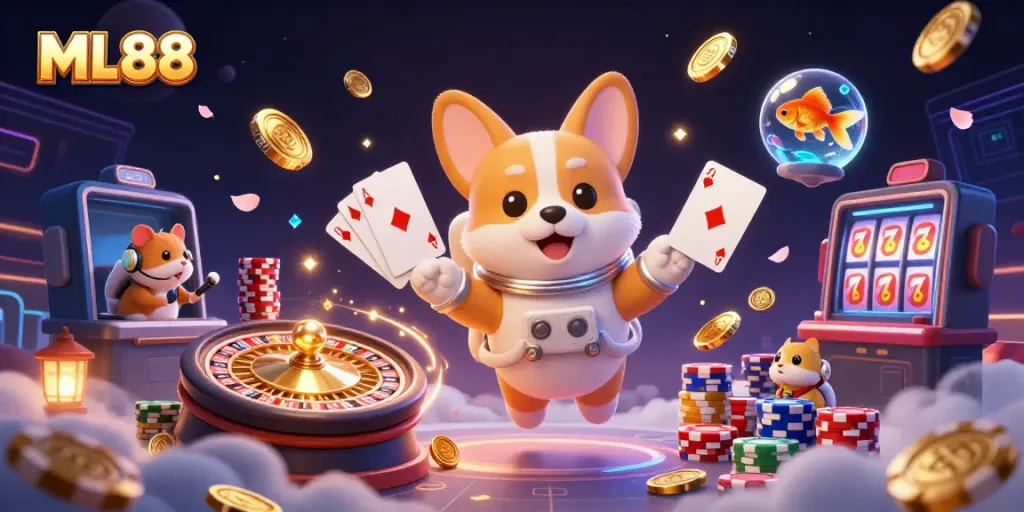 Engaging 3D illustration showcasing ML88's charming corgi astronaut amidst swirling poker chips and golden coins, highlighting a vibrant casino atmosphere.