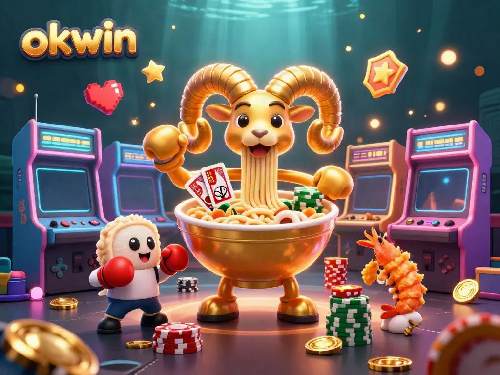 Engage with OKWIN while enjoying vibrant 3D casino-themed illustration featuring a giant ramen bowl and characters.