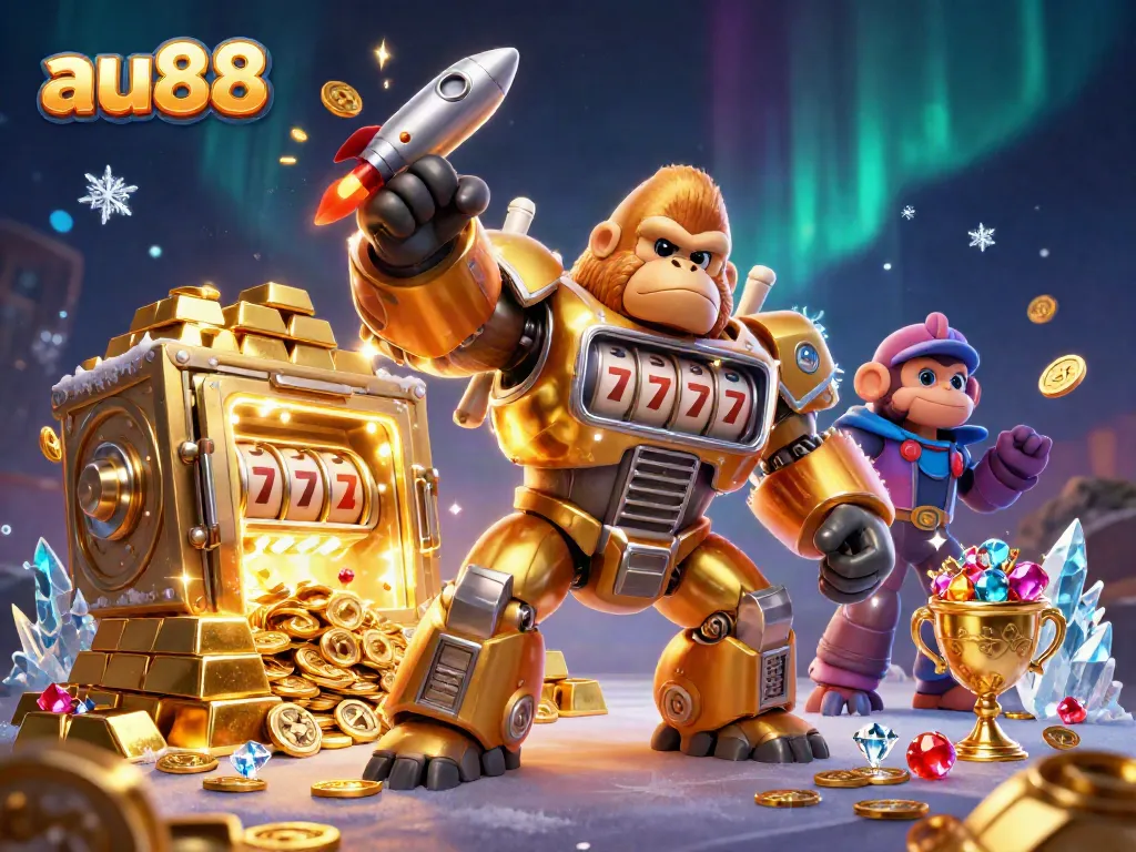 Experience excitement with au88's colorful golden gorilla mech in a thrilling online casino scene.