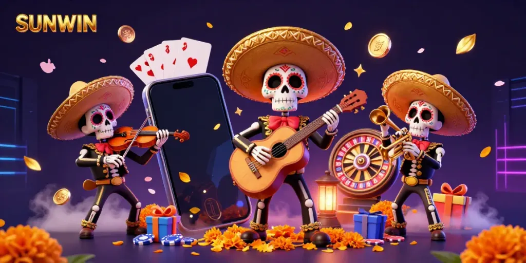 Experience the excitement of SUNWIN with a vibrant mariachi band amid striking slot game elements.