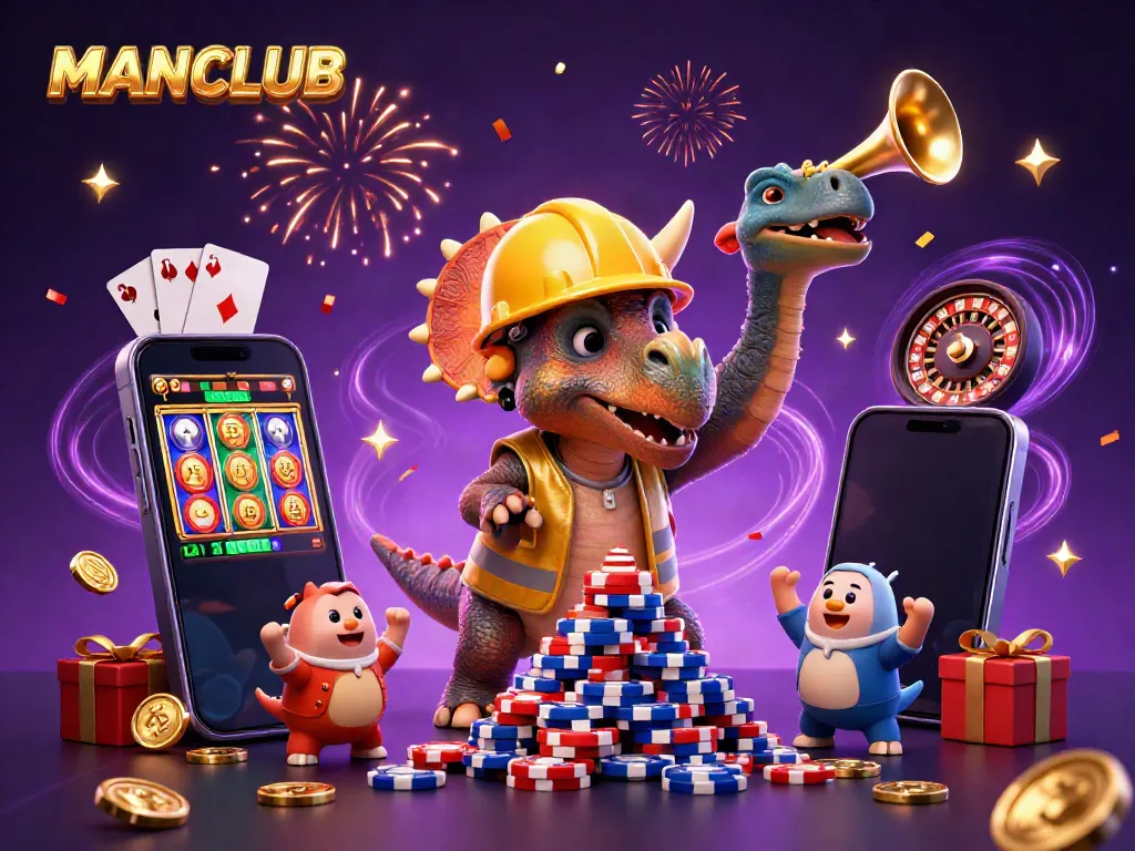 Experience thrilling casino fun with MANCLUB as a triceratops builds a poker chip pyramid!