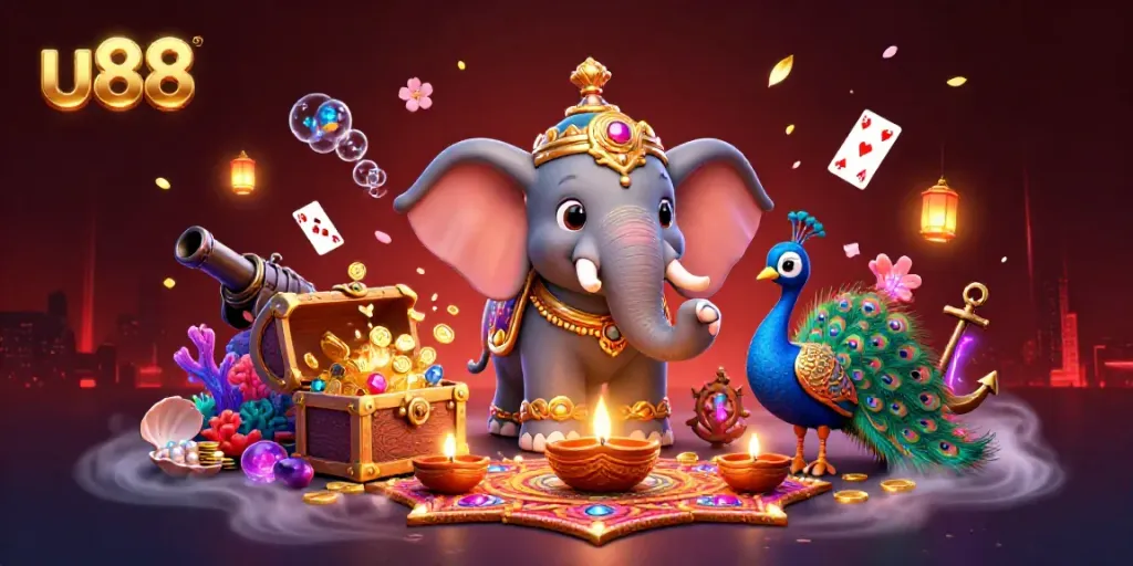 Experience the vibrant magic of u88 with a dynamic scene featuring a decorative elephant and colorful casino elements.