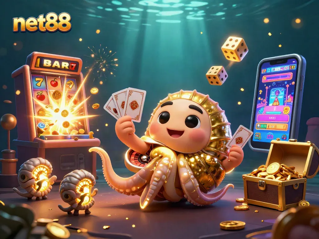 Experience the thrill of net88 casino with a stunning 3D illustration showcasing games and jackpots.