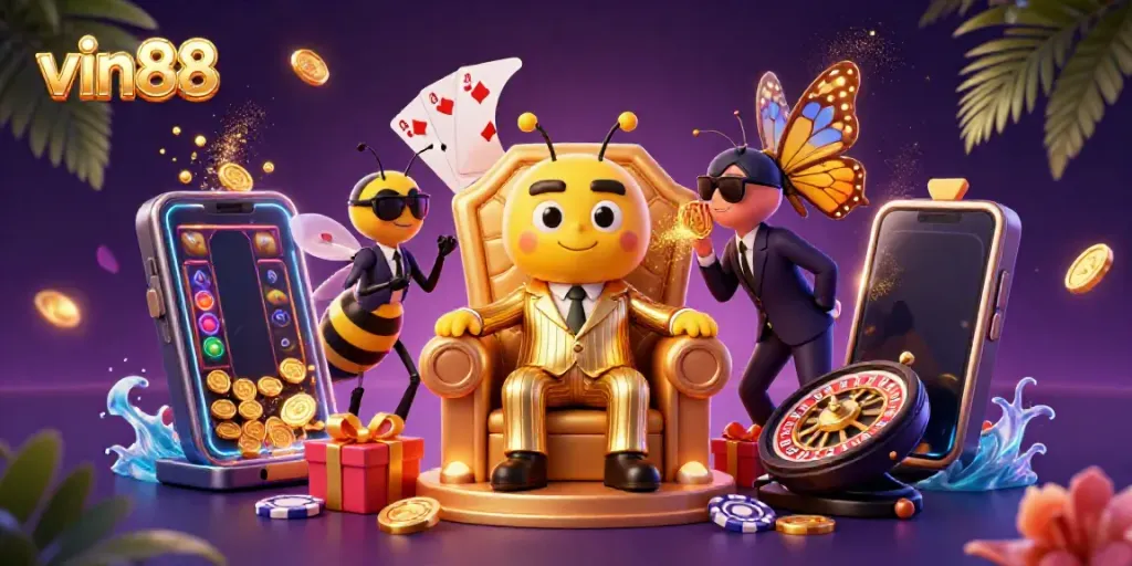 Experience thrilling games at vin88 with a bumblebee mob boss presiding over vibrant casino elements.