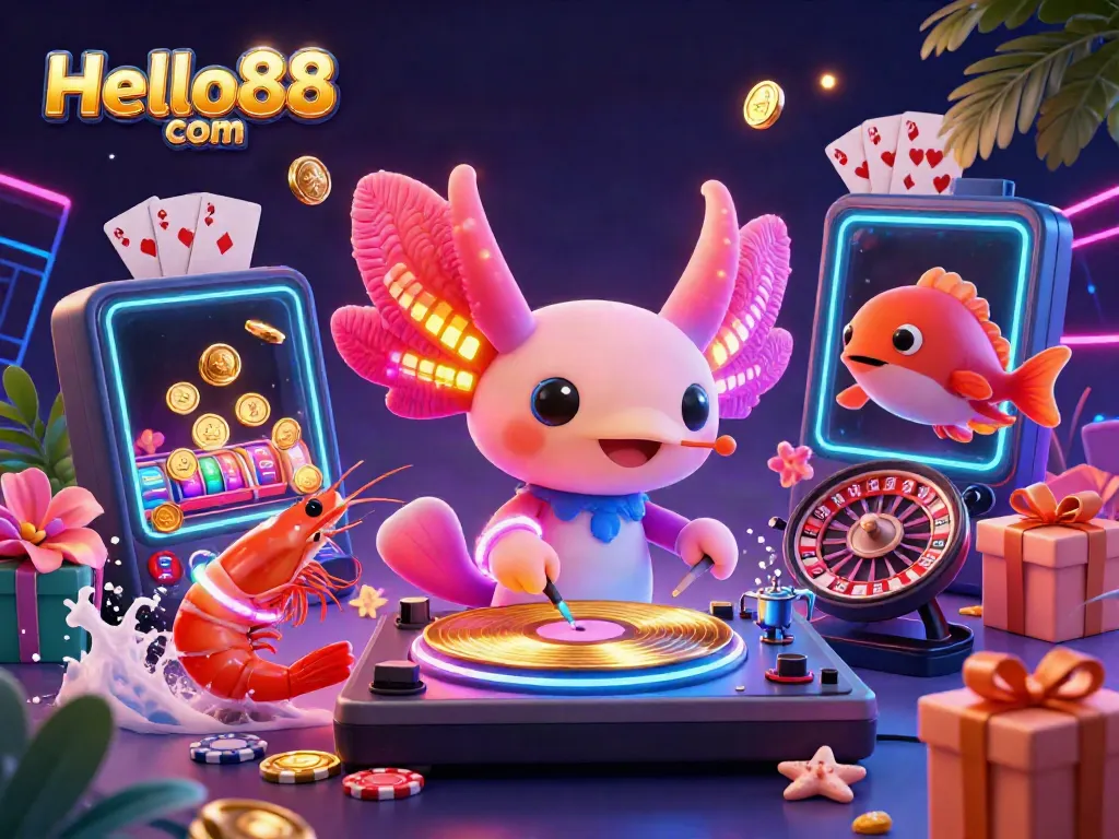 Experience the vibrant world of Hello88 com with interactive slot games and an underwater party atmosphere in this dynamic 3D illustration.