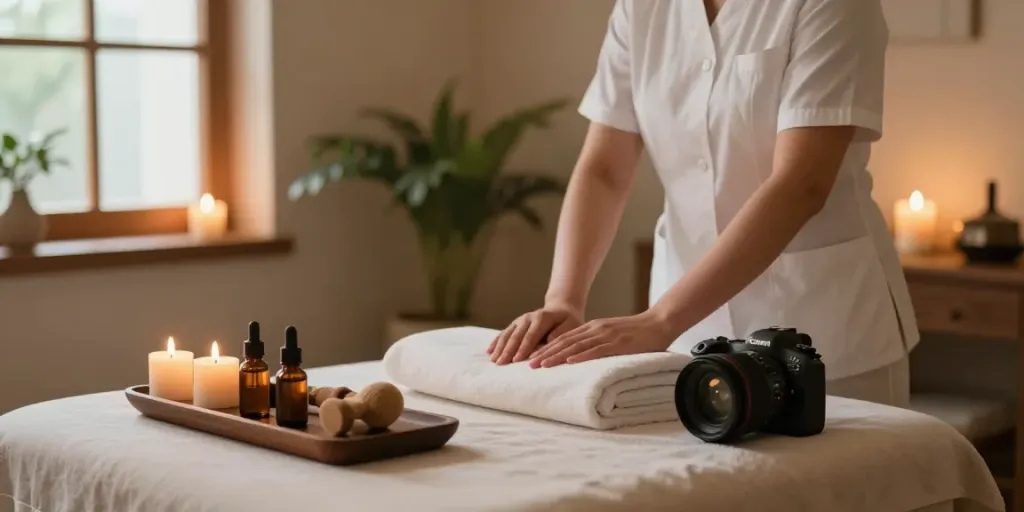 Relaxing atmosphere for 관악구출장안마 with therapist preparing treatment in serene spa.