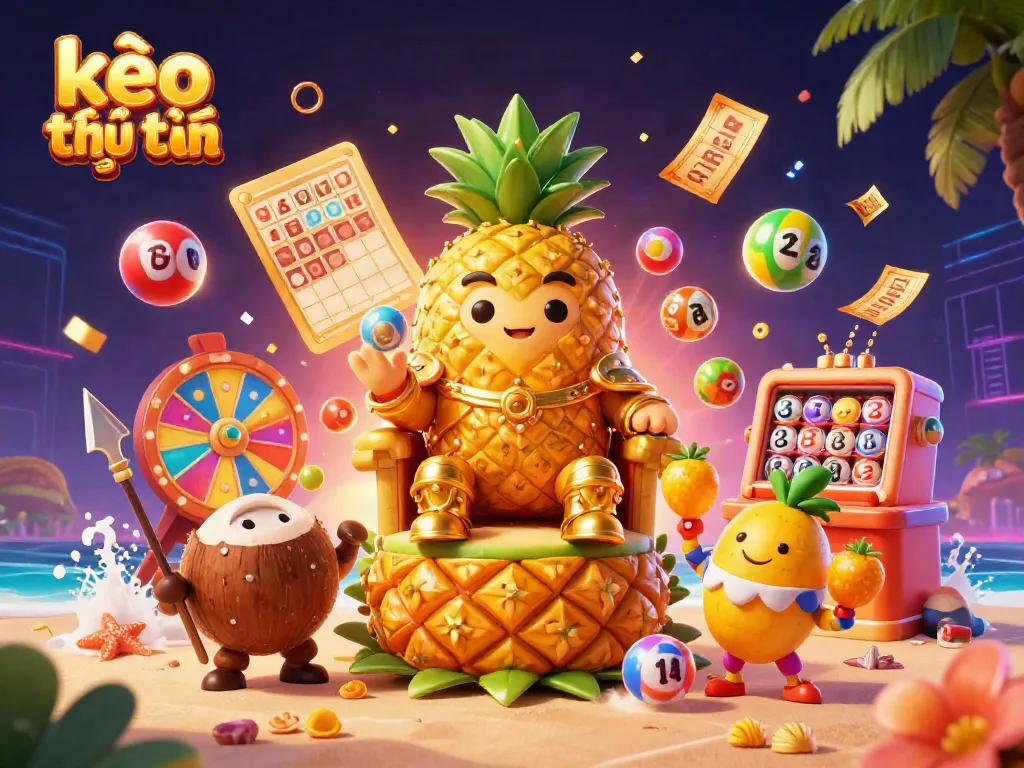 Engage with kèo trực tuyến at a vibrant beach casino, featuring a golden pineapple king and playful elements.